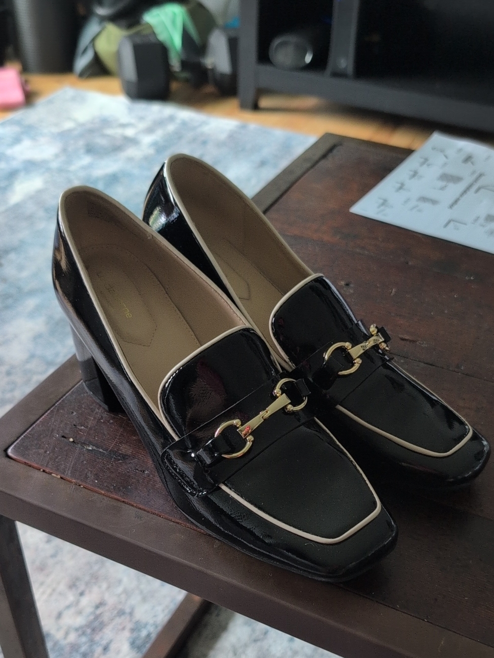 Black Patent Liz Claiborne Mallard Loafers with Gold Bit Hardware - Women